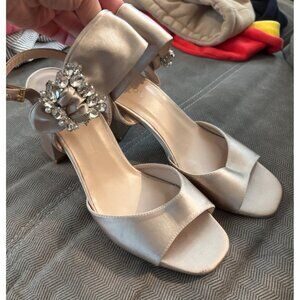 Paradox London Manhattan Satin Block Heel Sandals Rhinestone Bow Detail Sz 9.5